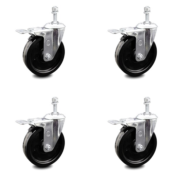 5 Inch Phenolic Swivel 10mm Threaded Stem Caster Set with Total Lock Brake